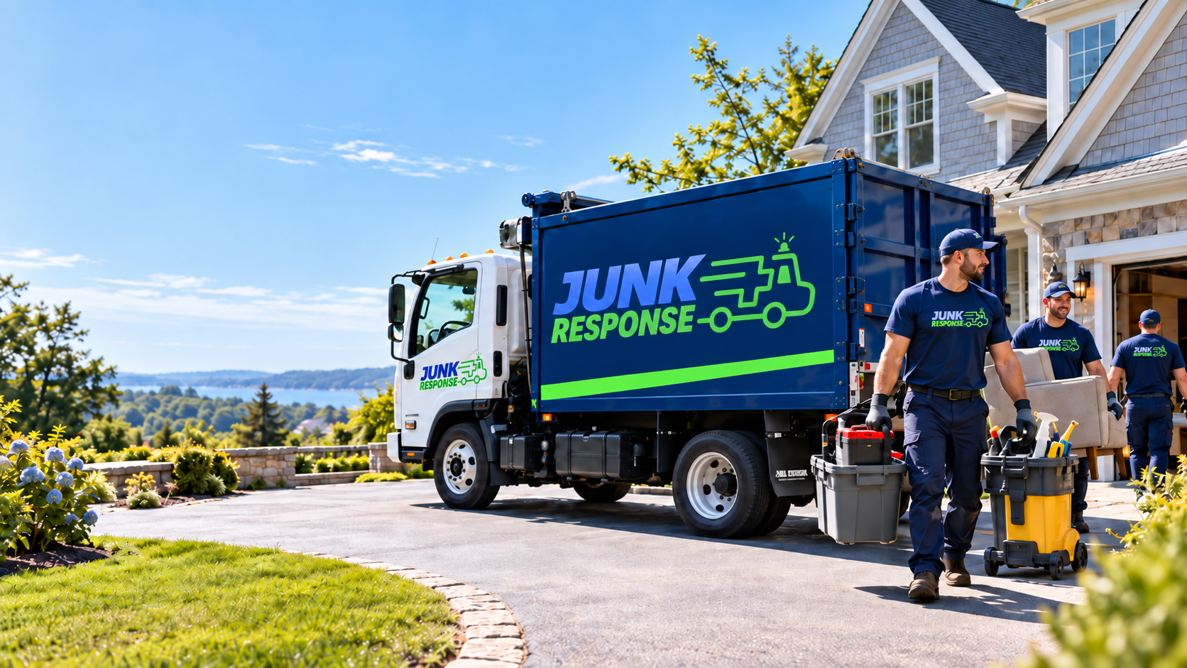 Junk Response crew and branded truck at a high-end residential property with a lake view